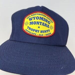 Vintage NRA Wyoming Montana Trophy Hunts Hat Cap Snap Back One Size Blue USA